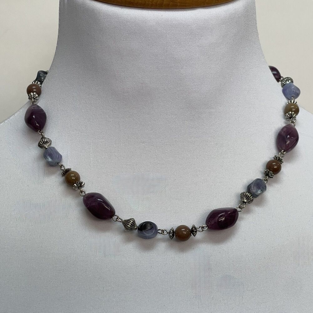 Purple Blue Brown Silver Tone Fashion Necklace